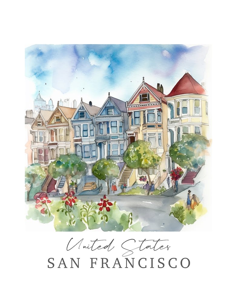 United States San Francisco Storybook 6 Travel Poster Watercolour
