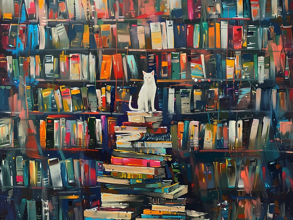Chat Blanc Dans La Bibliothèque - Debout Sur Une Pile de Livres