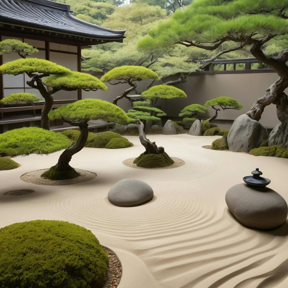 Eine ruhige Szene eines japanischen Zen-Gartens mit perfekt geharktem Sand, glatten Steinen und akribisch beschnittenen Bonsai-Bäumen. Das Kunstwerk soll Ruhe und Frieden hervorrufen, mit einer minimalistischen und harmonischen Komposition 1