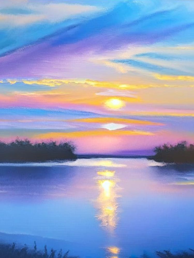 Sunrise Over Lake Waterscape Marble Acrylic Painting 1