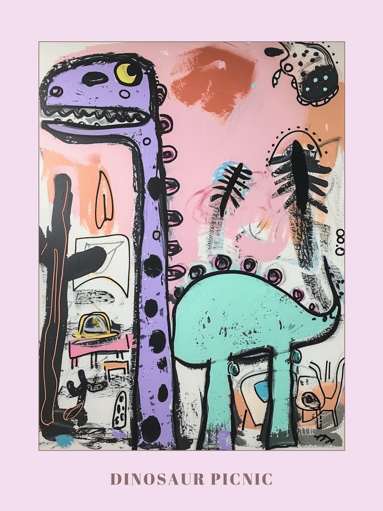 Abstract Pink Blue Graffiti Style Dinosaur Picnic 4 Poster