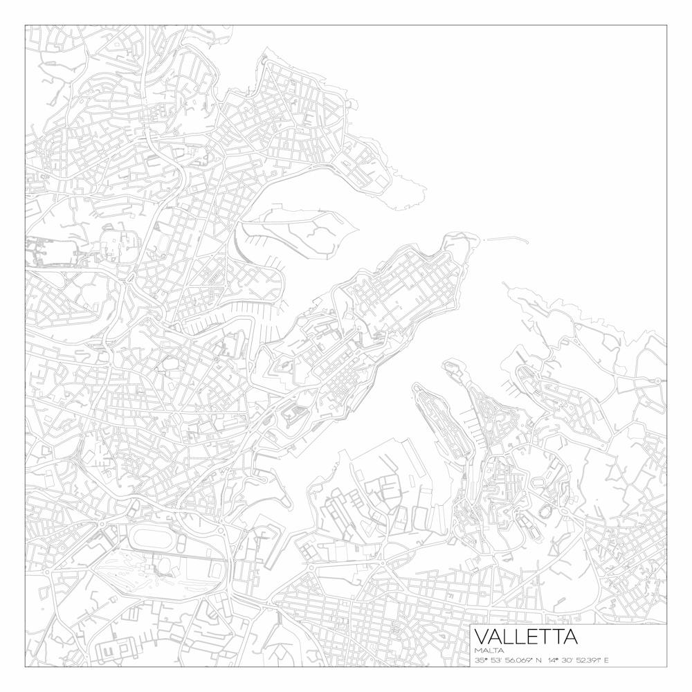 Valletta, Malta, City Map Black On White Blueprint Design