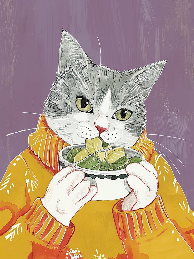 Grey Cat Eating Salad Folk Illustration 2