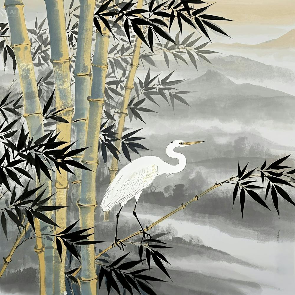 White Heron In Bamboo Forest