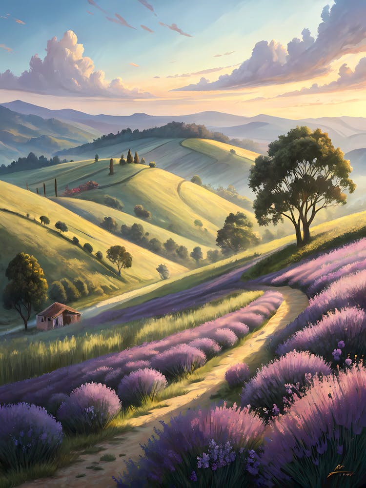 Oil Painting Style Tuscan Lavender Fields Scenic Hillside Landscape with Farmhouse