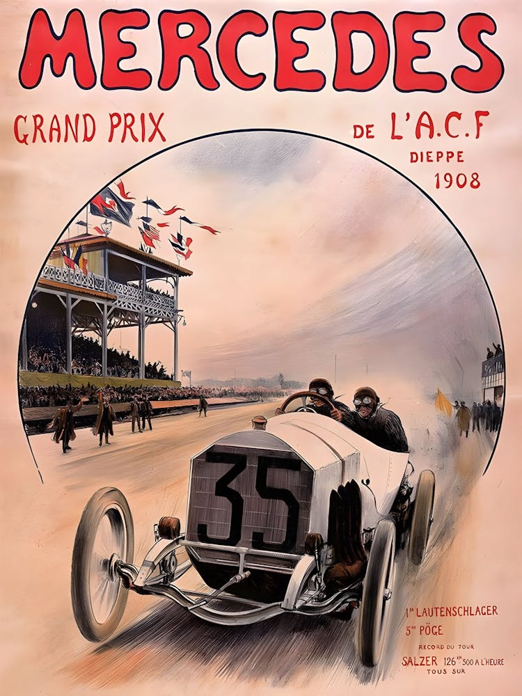 Mercedes, Grand Prix Car Race, Vintage Advertising Poster