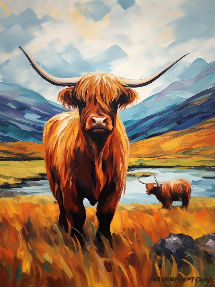 Orange Brushstrokes Of Highland Cows