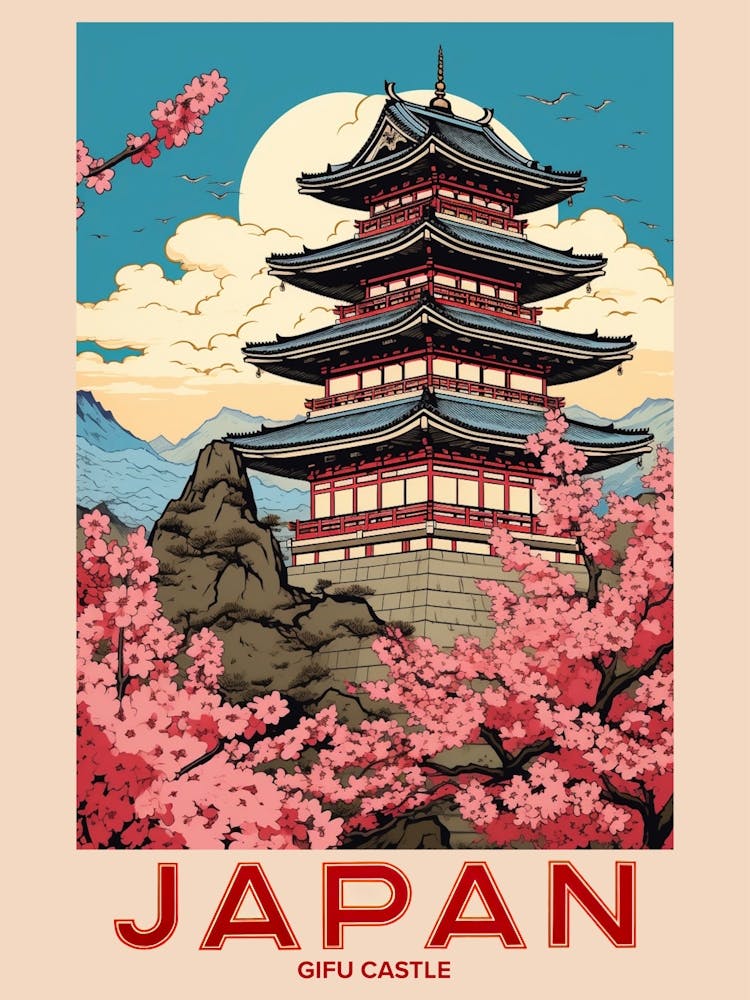 Gifu Castle, Visit Japan Vintage Travel Art 3
