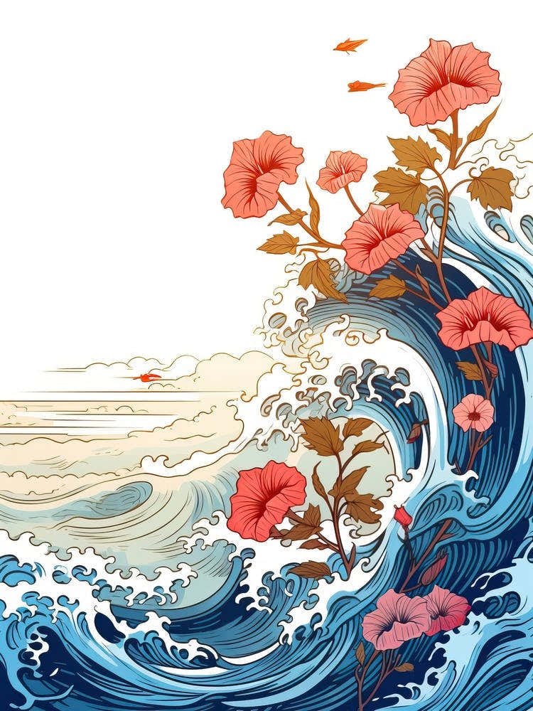 Great Wave With Morning Glory Flower Drawing In The Style Of Ukiyo E 2