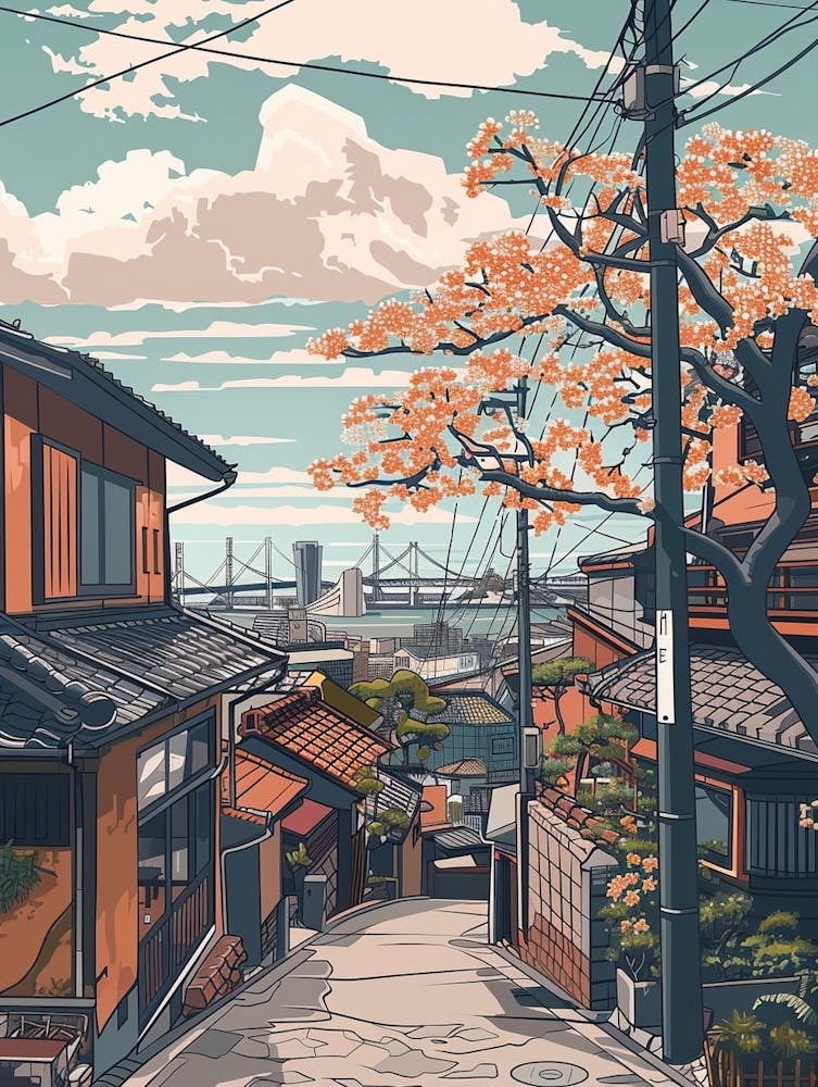 Yokohama Japan Retro Illustration