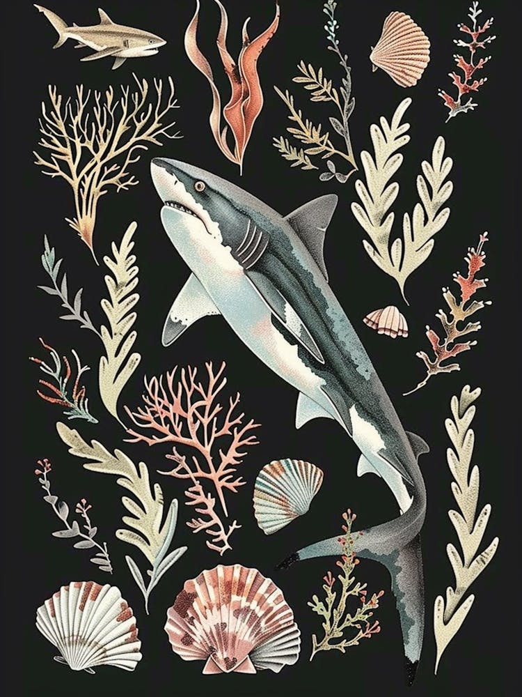 Thresher Shark Seascape Black Background Illustration 2