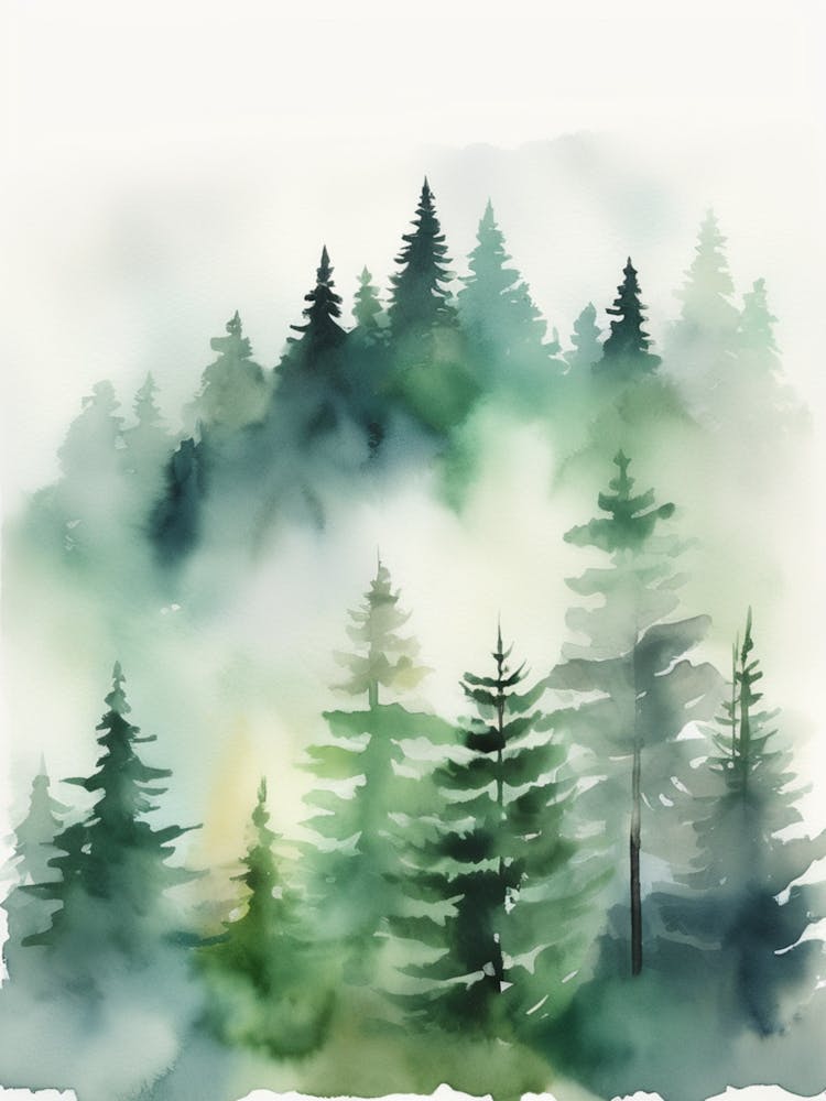 Appalachian Mountains of Misty Pines Watercolor Print of Evergreen Forest..122