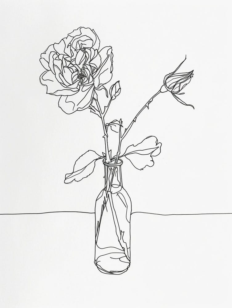 English Rose In A Vase Line Drawing 3