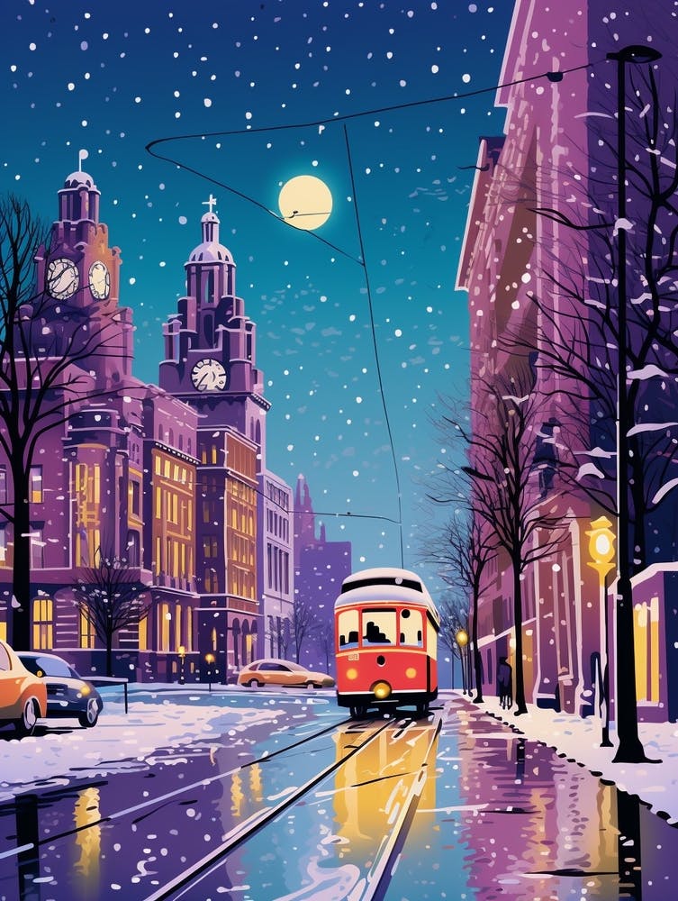 Winter Travel Night Illustration Liverpool United Kingdom 2