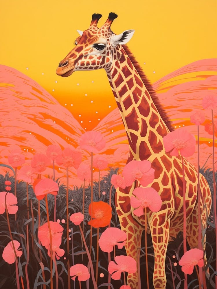Giraffe With The Flowers Mustard Sky