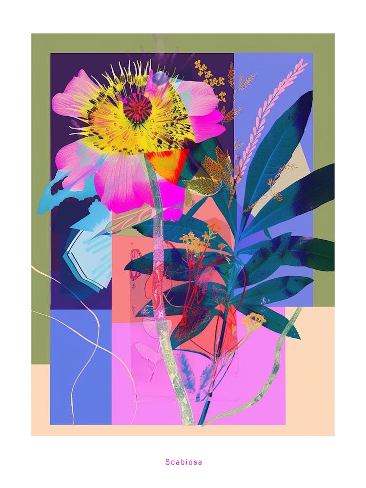 Scabiosa 1 Neon Flower Collage Poster