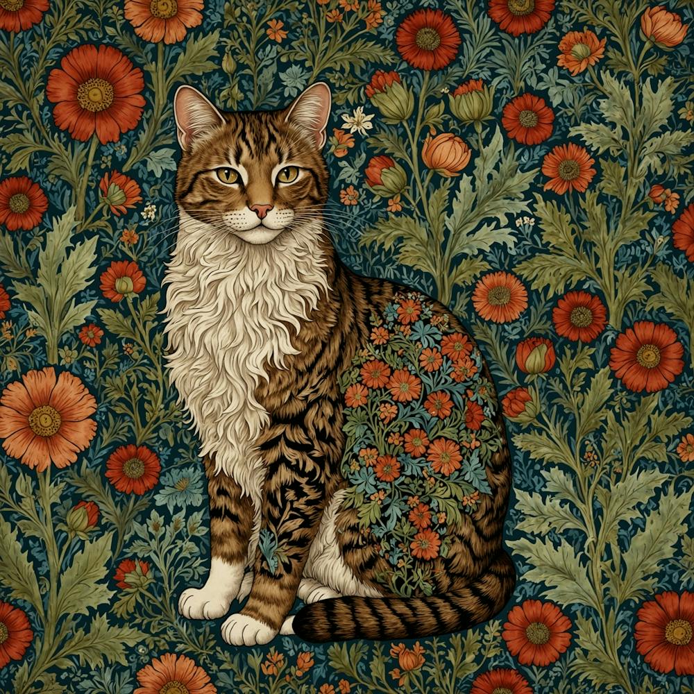 William Morris Style Botanical Cat Textiles