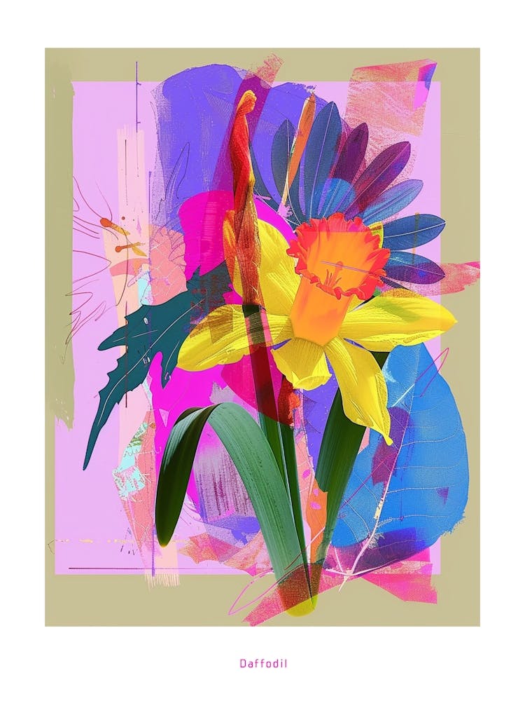 Daffodil 4 Neon Flower Collage Poster
