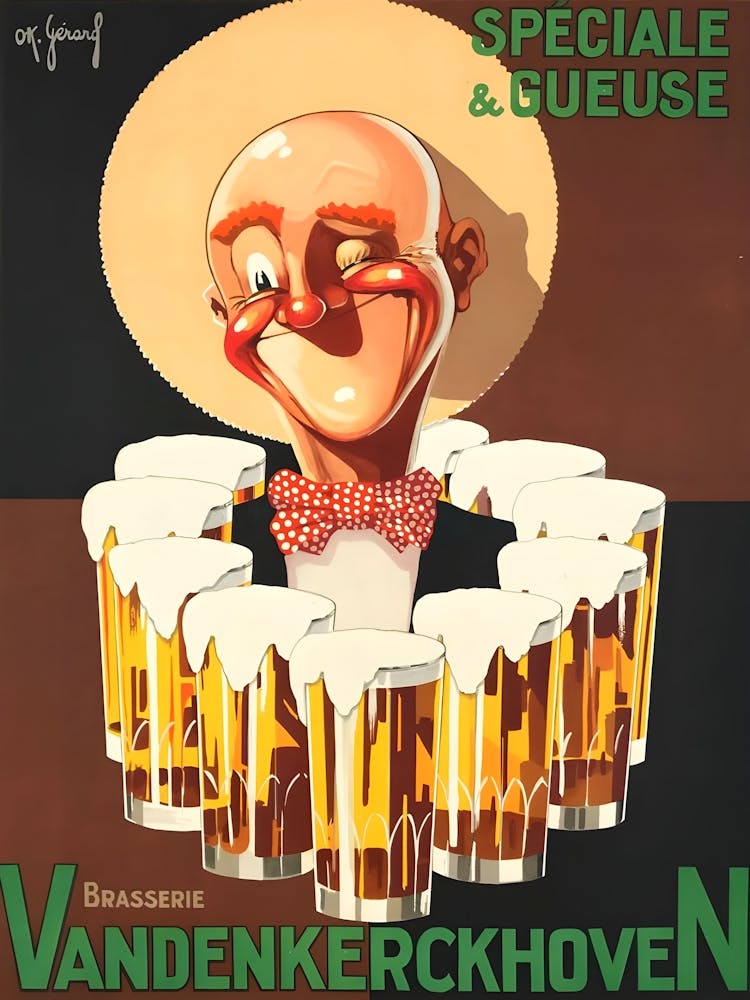 Vandenkerckhoven Smiling Man Winking, Surrounded by Beer Glasses, Vintage Advertisement For German Beer, Great For Pub, Cafe bar, Club, Restaurant