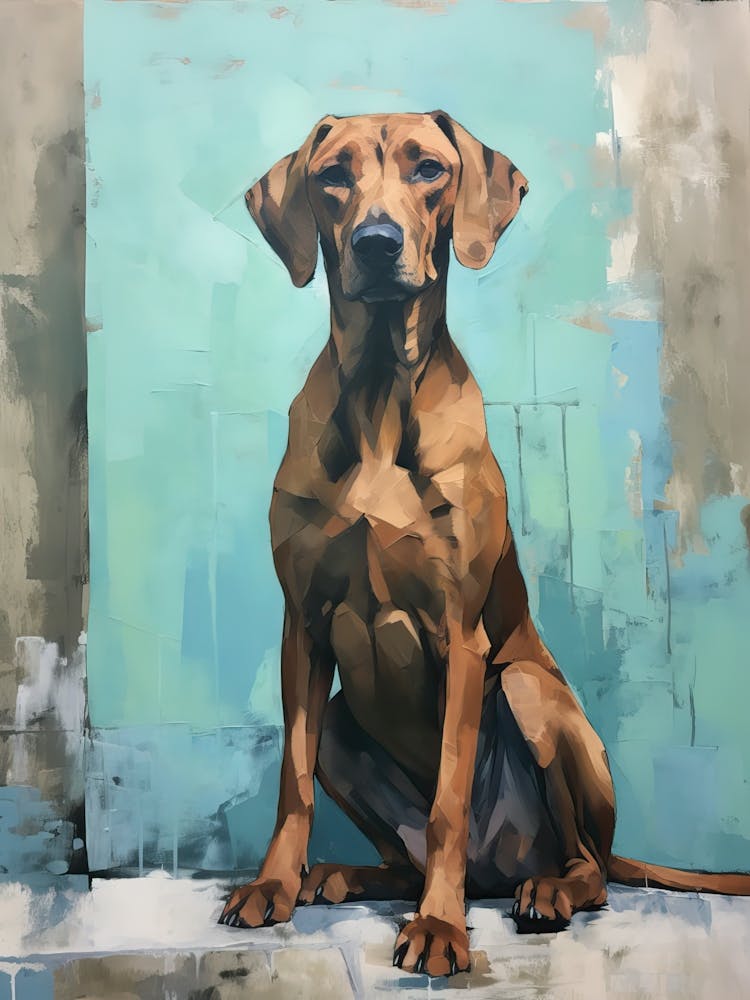 Rhodesian Ridgeback Dog, Painting In Light Teal And Brown 1