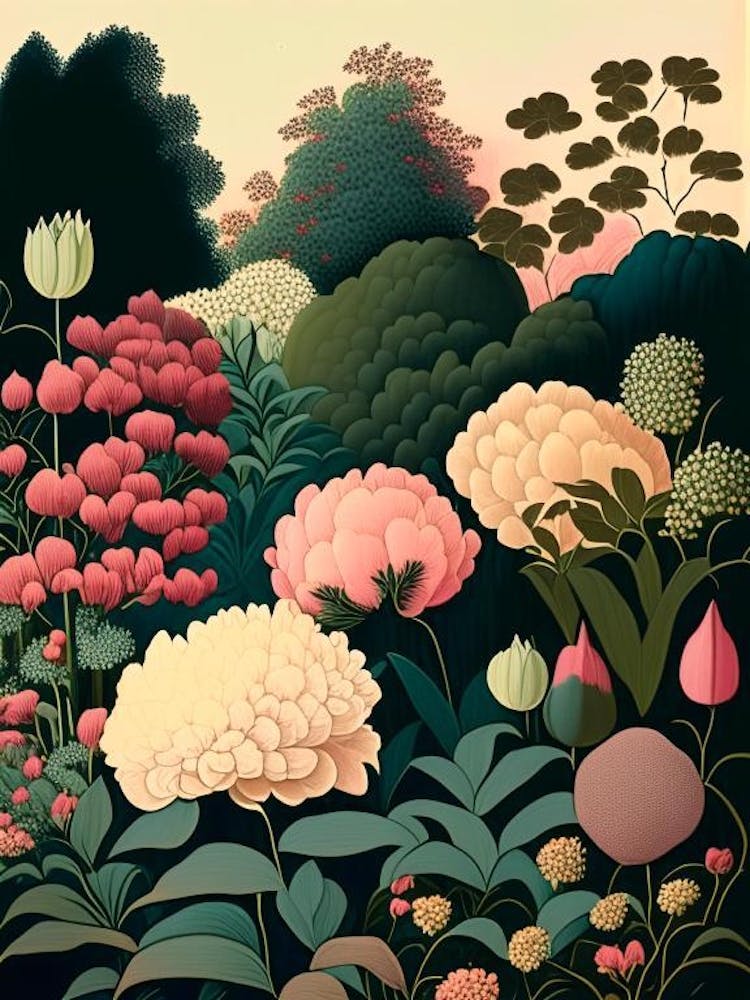 Mass Plantings Of Peonies 3 Colourful Vintage Sketch