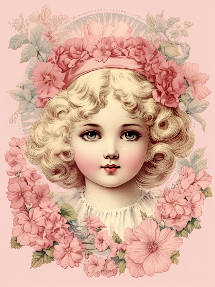 Vintage Pink Girl Illustration Kitsch
