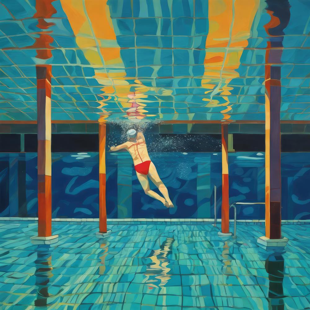 Im Stil von David Hockney. Swimming Pool at Night Series 3