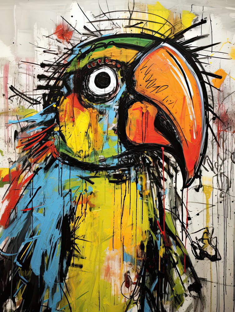 Neo-Expressionist Flight: Parrots in Basquiat's style