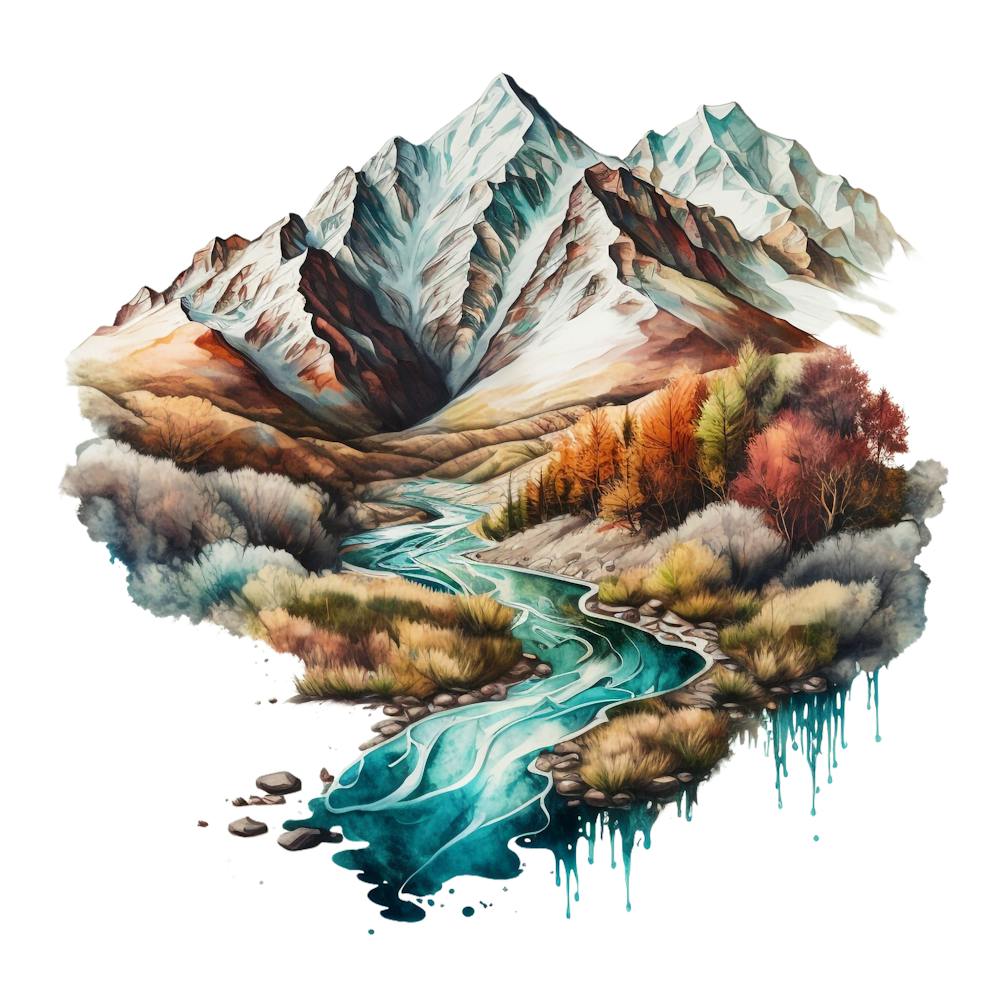 Watercolour Of Mountains And River
