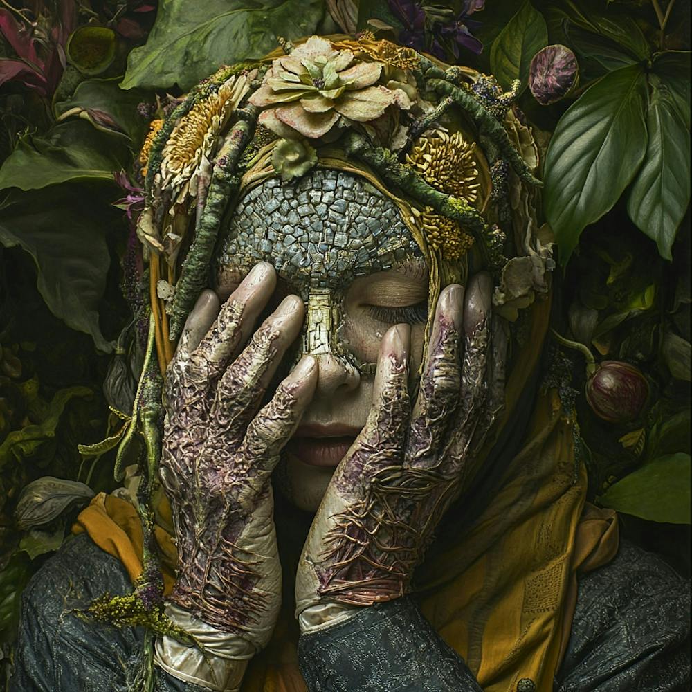 Frau bedeckt mit Blumen