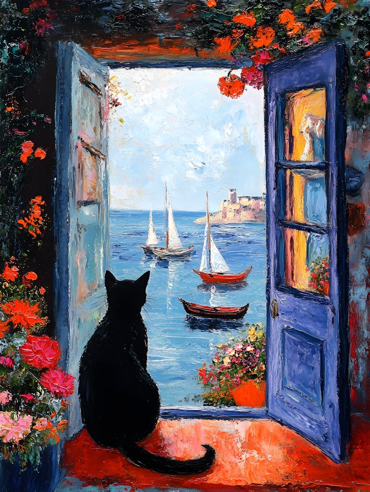Oil Painting Black Cat Loves the Sea 17