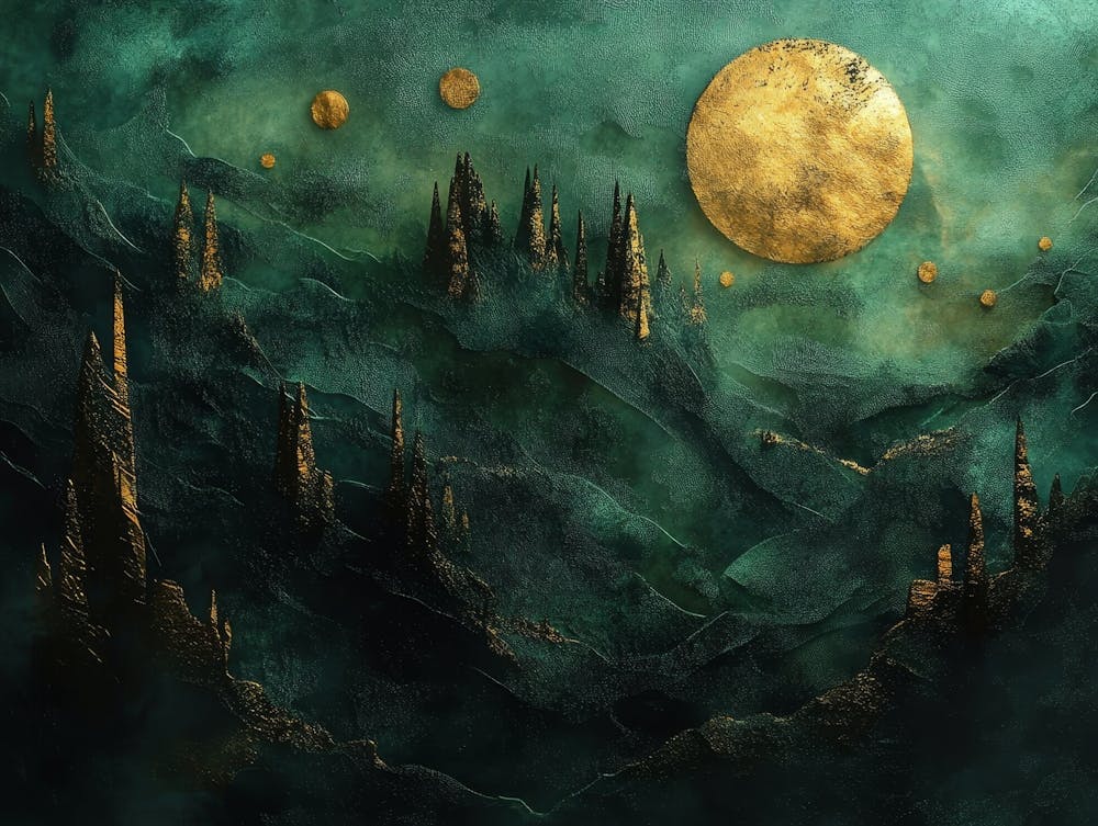 Contemporary 3d With An Abstract Depiction Of A Dark Green And Golden Forest Landscape
