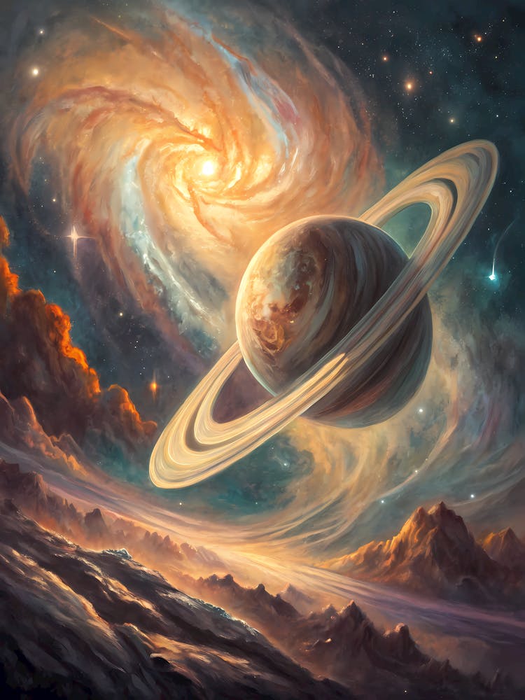 Surreal Saturn with Swirling Nebula Oil Painting