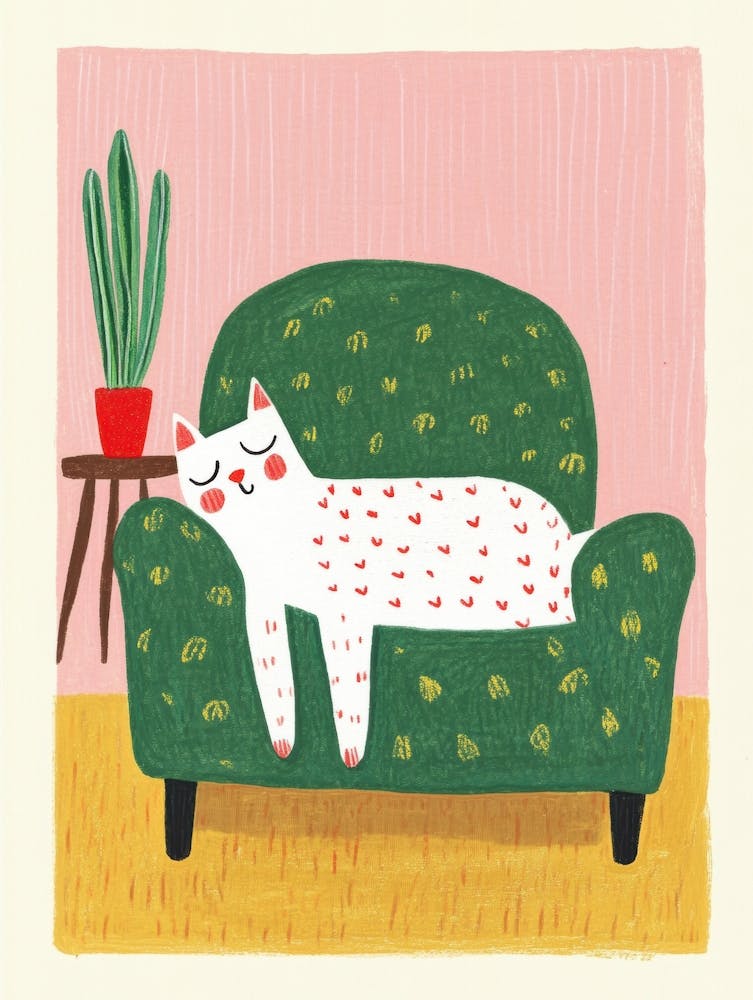 Schläfrige weiße Katze auf dem Sofa Bunt