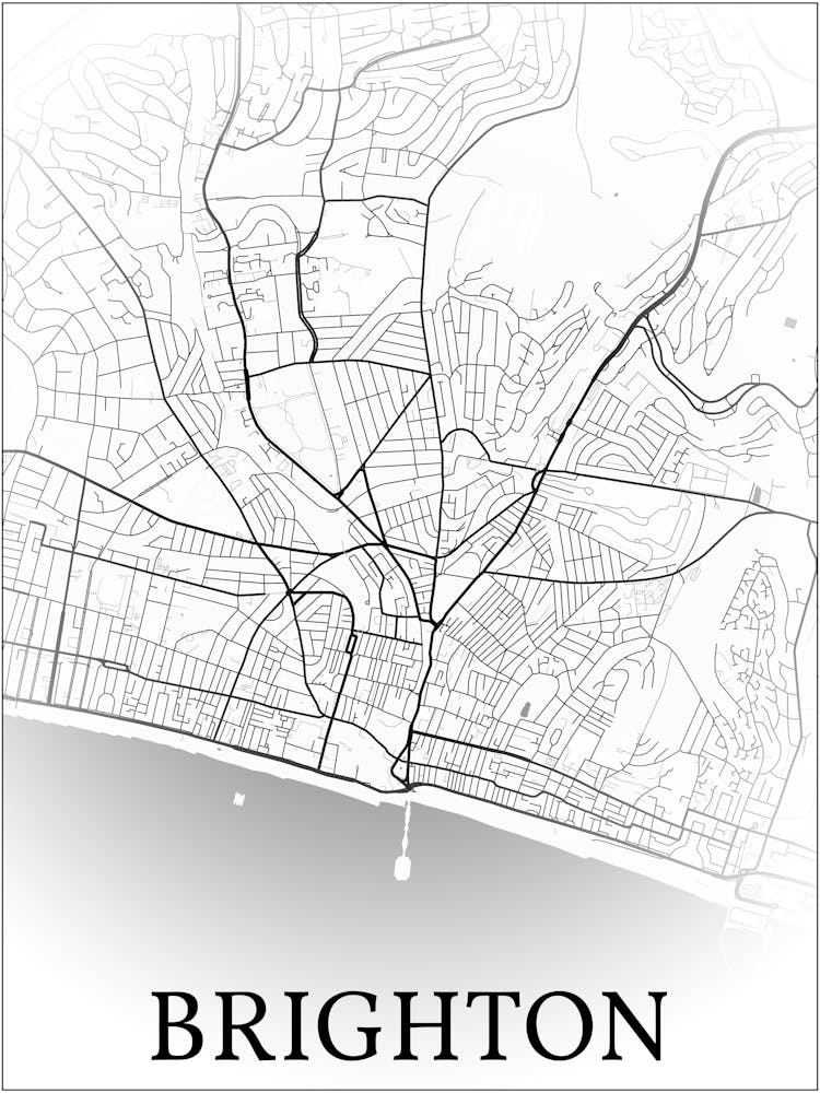 Brighton, England, Uk, City Map, Black And White Fade Design