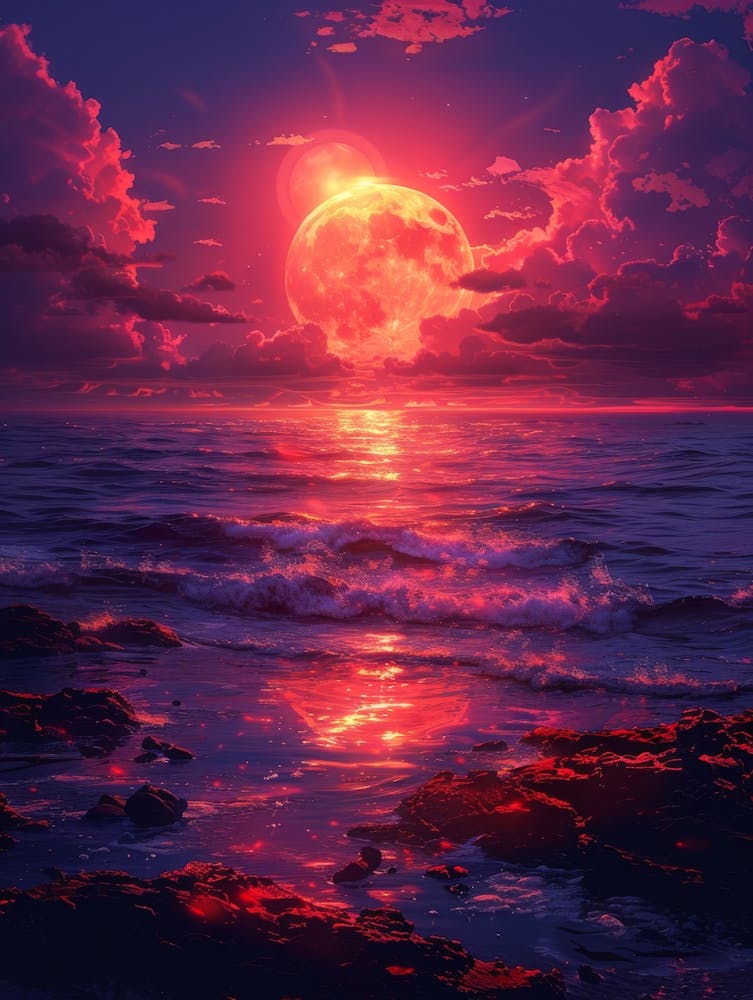 Red Moon Over The Ocean