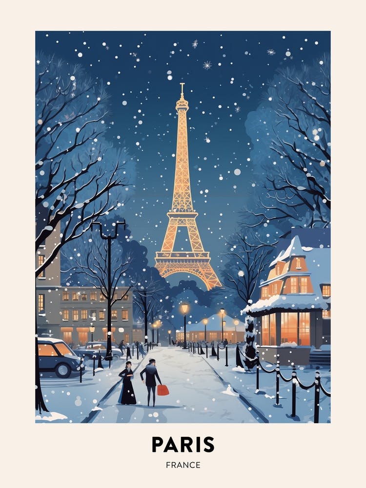 Winter Night  Travel Poster Paris France 2