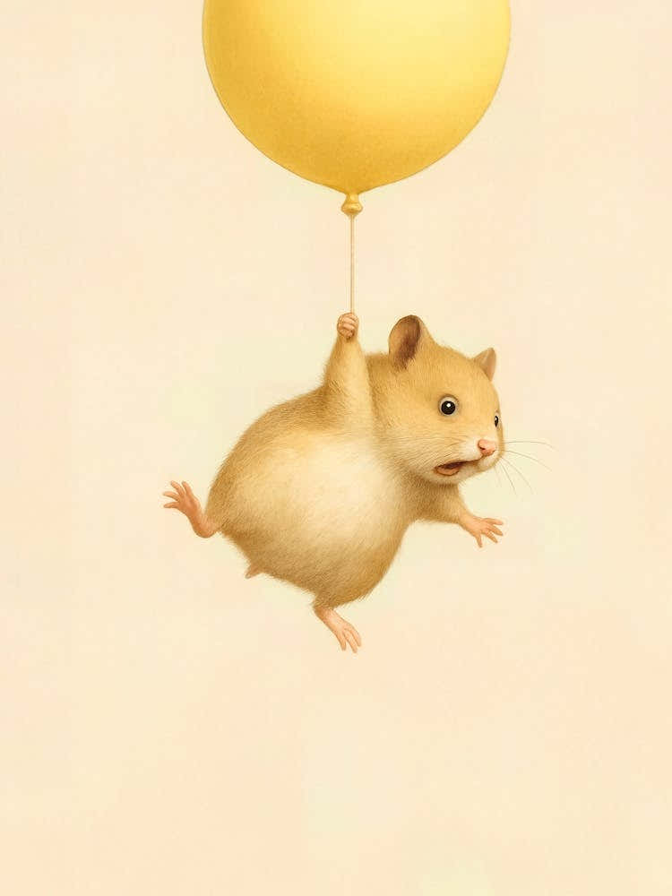 Flying Hamster – Balloon Ride with Pet Humor: This baby hamster drifts happily through the air with a yellow balloon. A light and funny nursery print full of rodent charm and pastel playfulness – ideal for animal lovers and small pet fans.