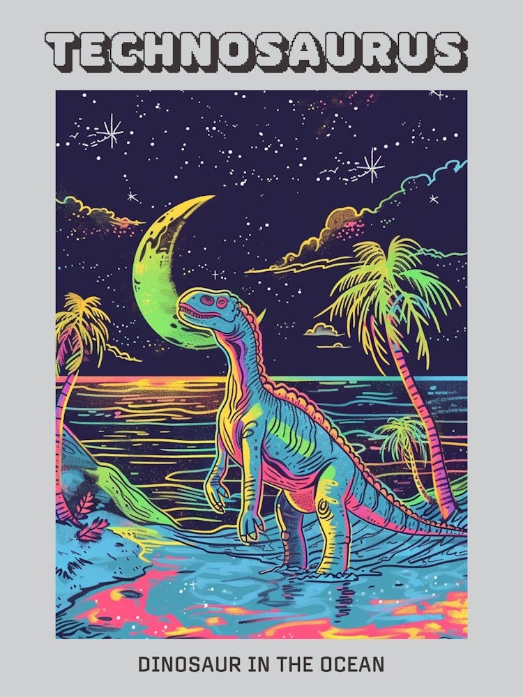 Neon Blue Dinosaur In The Ocean At Night Poster
