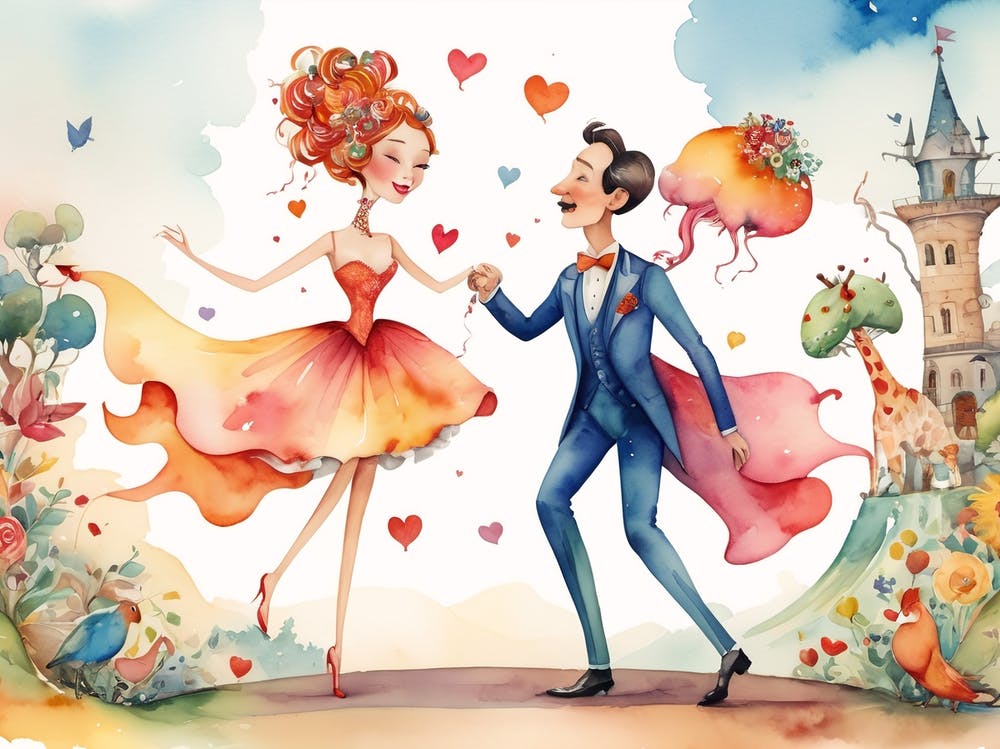 Couple Valentine's Day water Color caricature, Love