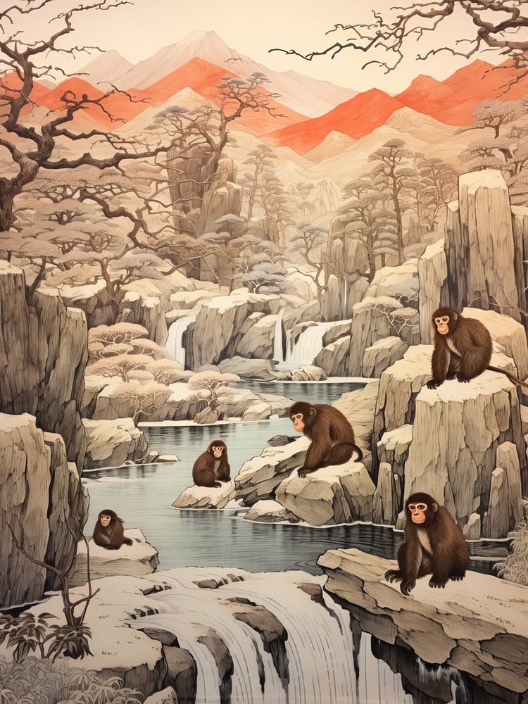 Jigokudani Monkey Park In Nagano, Ukiyo E Drawing 1