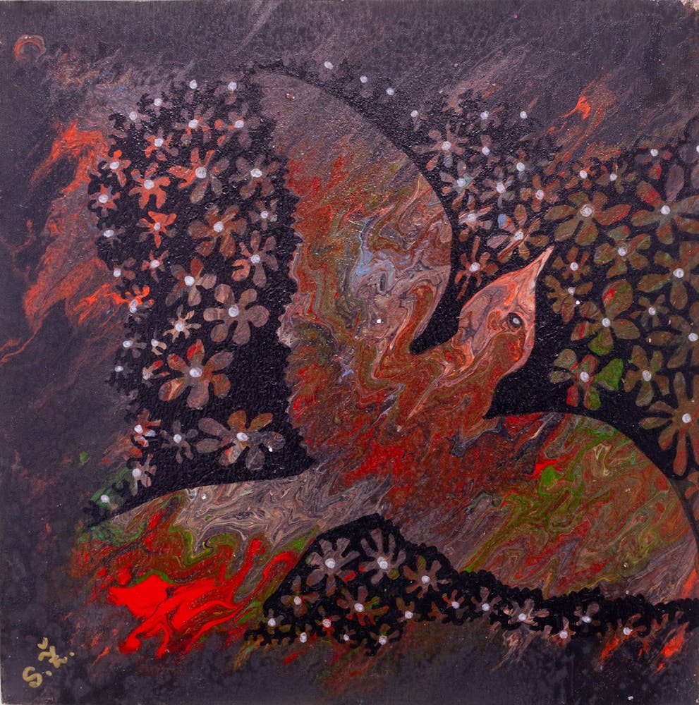 "The dance of a bird with flowers."