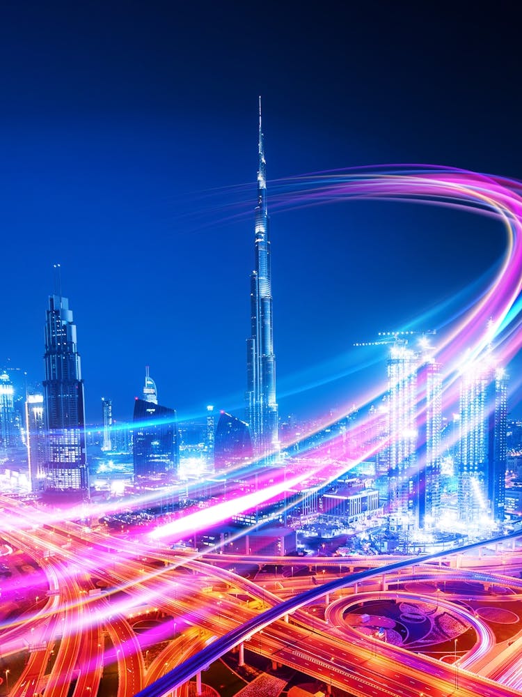 Neon city: Dubai, Burj Khalifa #2 (synthwave/vaporwave/retrowave/cyberpunk) — aesthetic poster