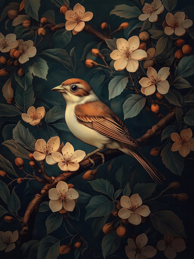 Sparrow and Blossoms Wall Art - Elegant Oil Painting Style Artwork for Nature-Inspired and Rustic Decor