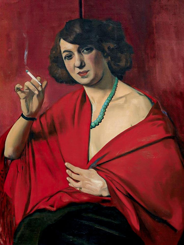 Félix VALLOTTON - Femme drapée de rouge tenant une cigarette Painting 1922 Oil on Canvas "Woman Draped in Red With a Cigarette" Vintage Art of Lady Smoking HD Remastered