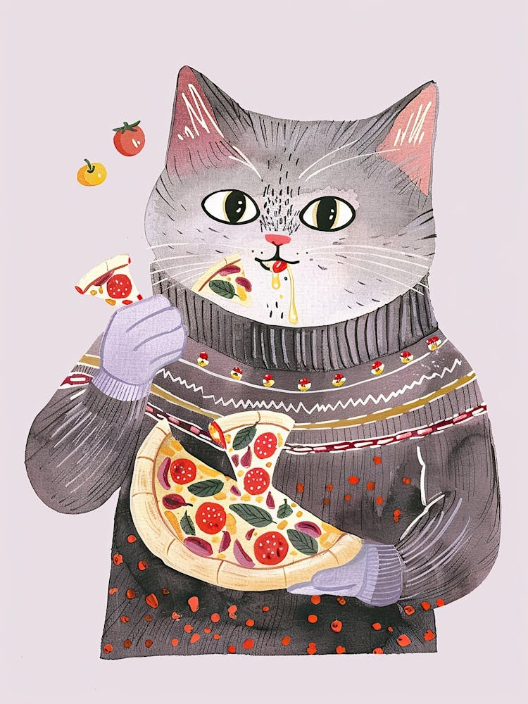 Cute Grey Cat Eating A Pizza Slice Folk Illustration 2