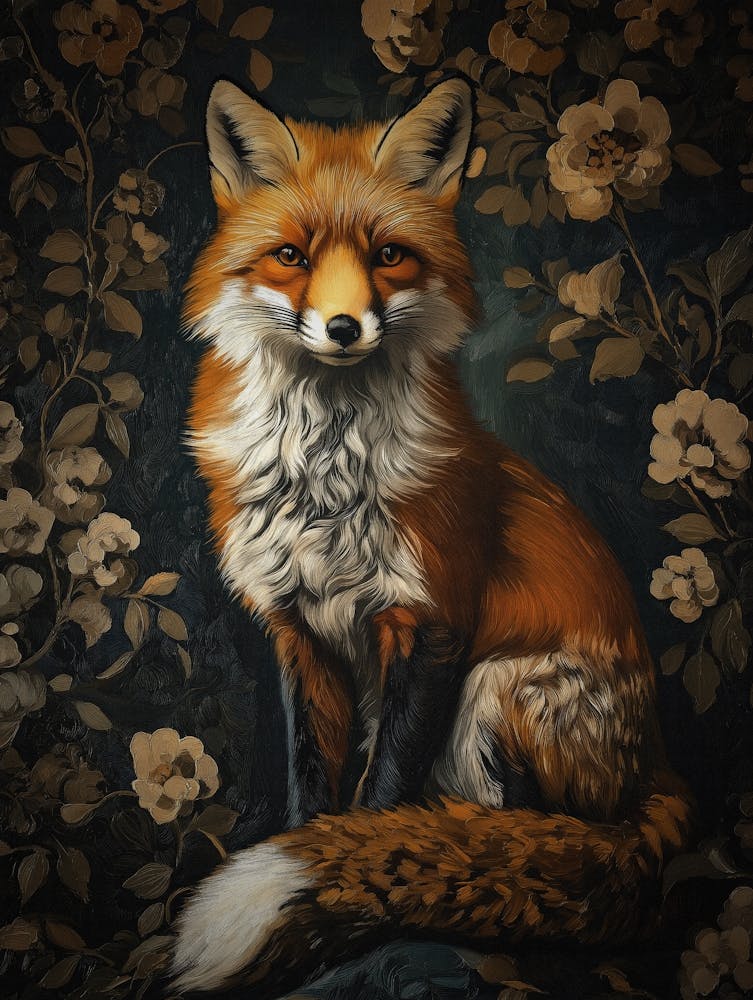 Fox and Floral Wall Art - William Morris Elegant Oil Painting Style Printable Artwork for Rustic and Nature-Inspired Decor