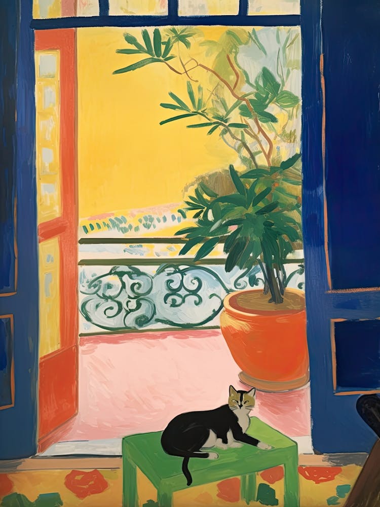 Offenes Fenster mit Katze Matisse-Stil Tokio Japan 2