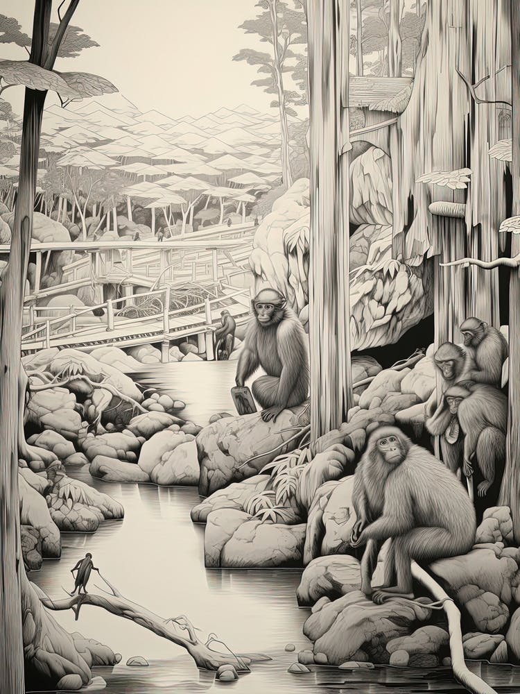 Jigokudani Monkey Park In Nagano, Ukiyo E Black And White Line Art Drawing 1