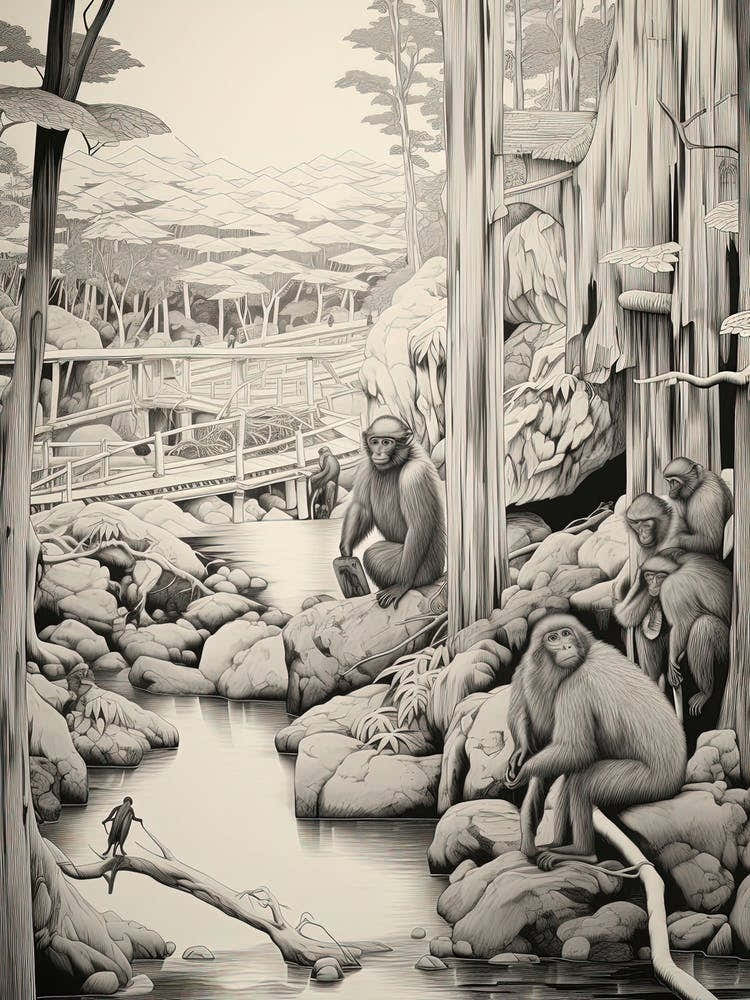 Jigokudani Monkey Park In Nagano, Ukiyo E Black And White Line Art Drawing 1